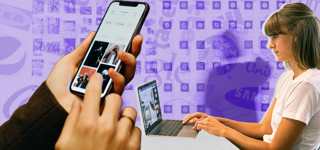 Graphic design showing someone scrolling on a smartphone and someone else working on a laptop; the background is a hazy purple collage of different brand logos.